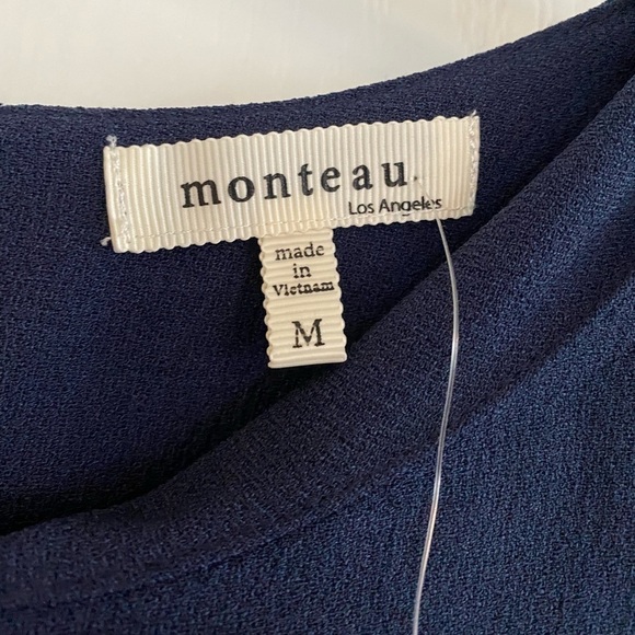 Monteau LA Jewel Neck Short Sleeves Scalloped Trim Sheath Dress Navy Blue Medium - Picture 4 of 11